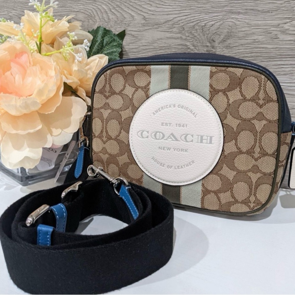 Coach Canvas Crossbody in Brown, Cream & Blue-Green Stripe